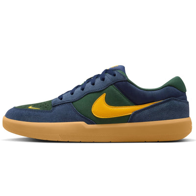 navy blue and green nike sb force 58 men's skateboard shoe with golden yellow nike swoosh and gum sole