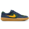 navy blue and green nike sb force 58 men's skateboard shoe with golden yellow nike swoosh and gum sole