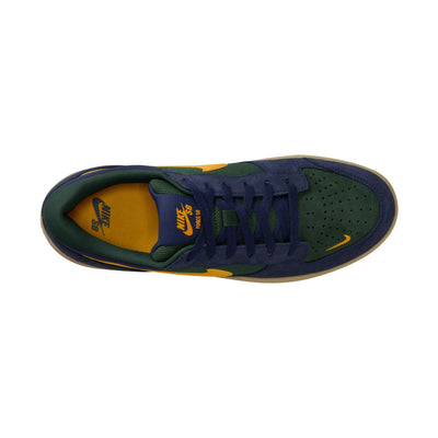 navy blue and green nike sb force 58 men's skateboard shoe with golden yellow nike swoosh and gum sole