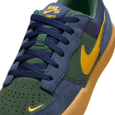 navy blue and green nike sb force 58 men's skateboard shoe with golden yellow nike swoosh and gum sole