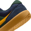 navy blue and green nike sb force 58 men's skateboard shoe with golden yellow nike swoosh and gum sole