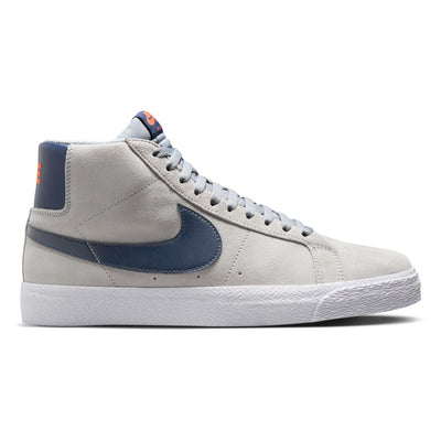 grey mid top nike sb blazer with blue nike swoosh and orange detail and white sole