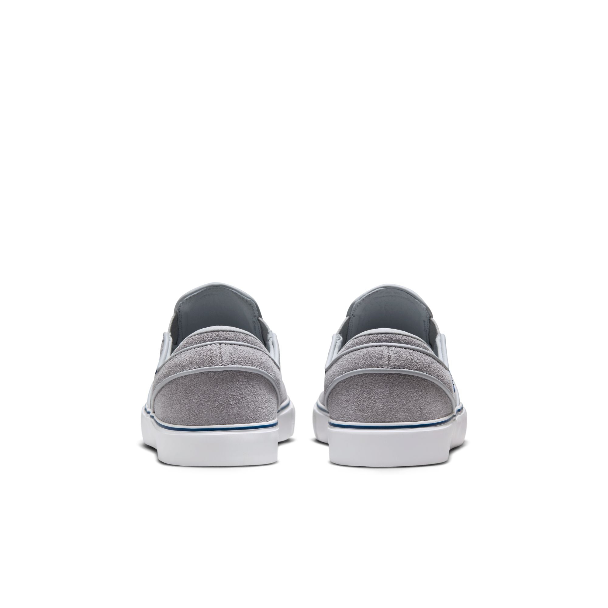 grey men's nike sb janoski slip-on with navy swoosh and white sole