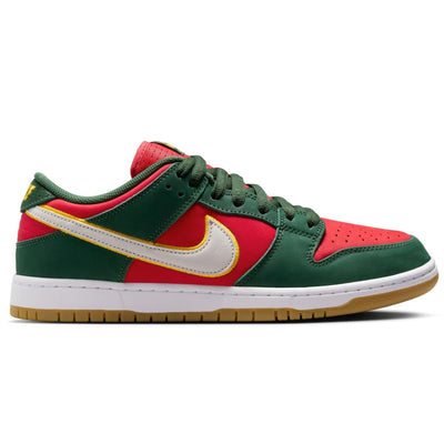 green and red nike sb Seattle Supersonics dunk low pro with with stripe outlined in yellow with white and gum sole