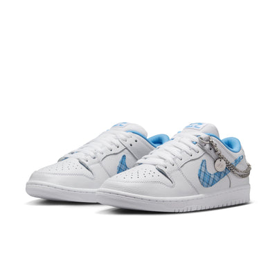 WHITE NIKE SB AND NICOLE HAUSE COLLABORATION WITH PLAID BLUE SWOOSH AND WHITE SOLE