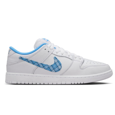 WHITE NIKE SB AND NICOLE HAUSE COLLABORATION WITH PLAID BLUE SWOOSH AND WHITE SOLE