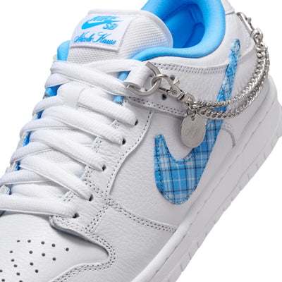 WHITE NIKE SB AND NICOLE HAUSE COLLABORATION WITH PLAID BLUE SWOOSH AND WHITE SOLE