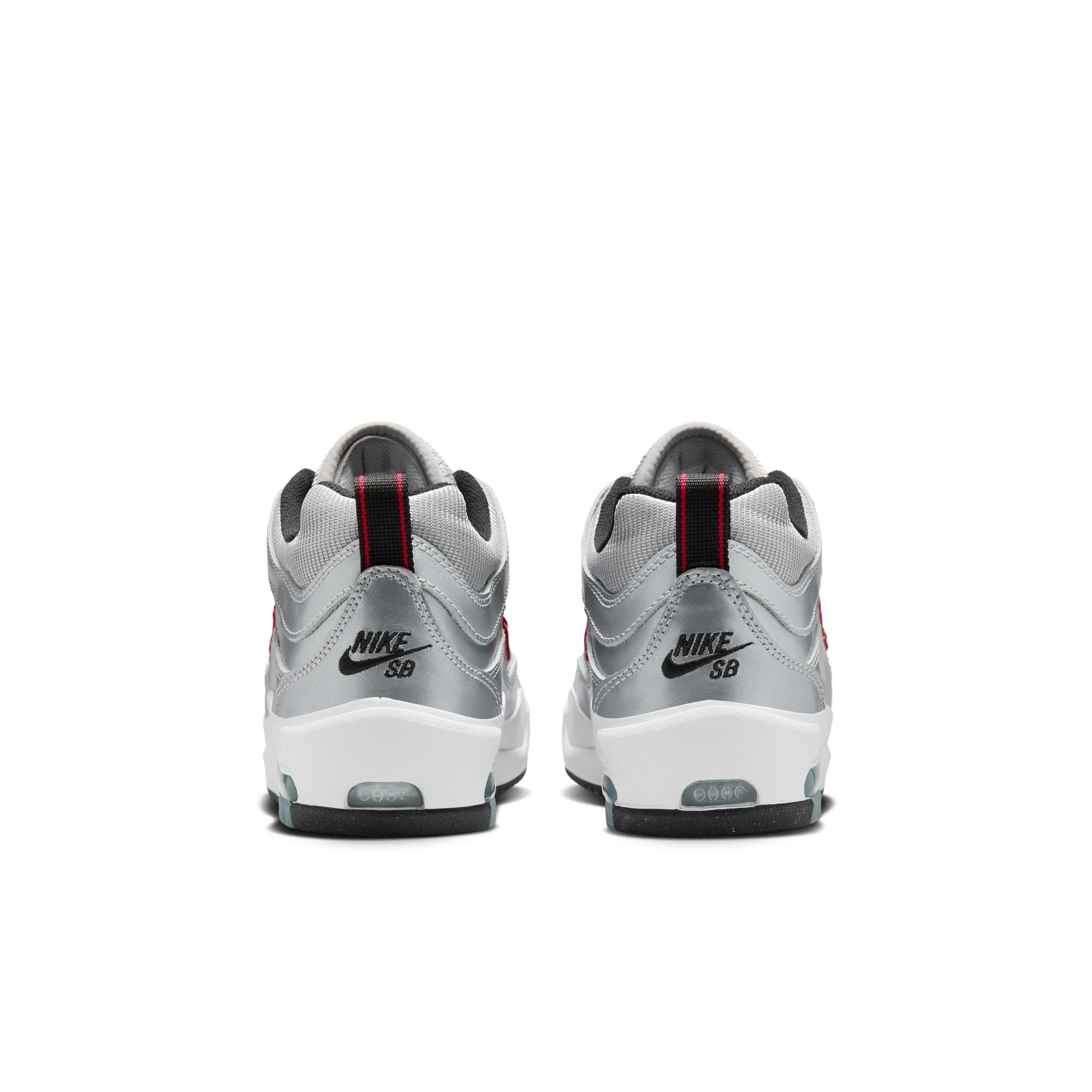 metallic silver nike sb ishod wair air max 2 skateboard shoe with red swoosh and white sole