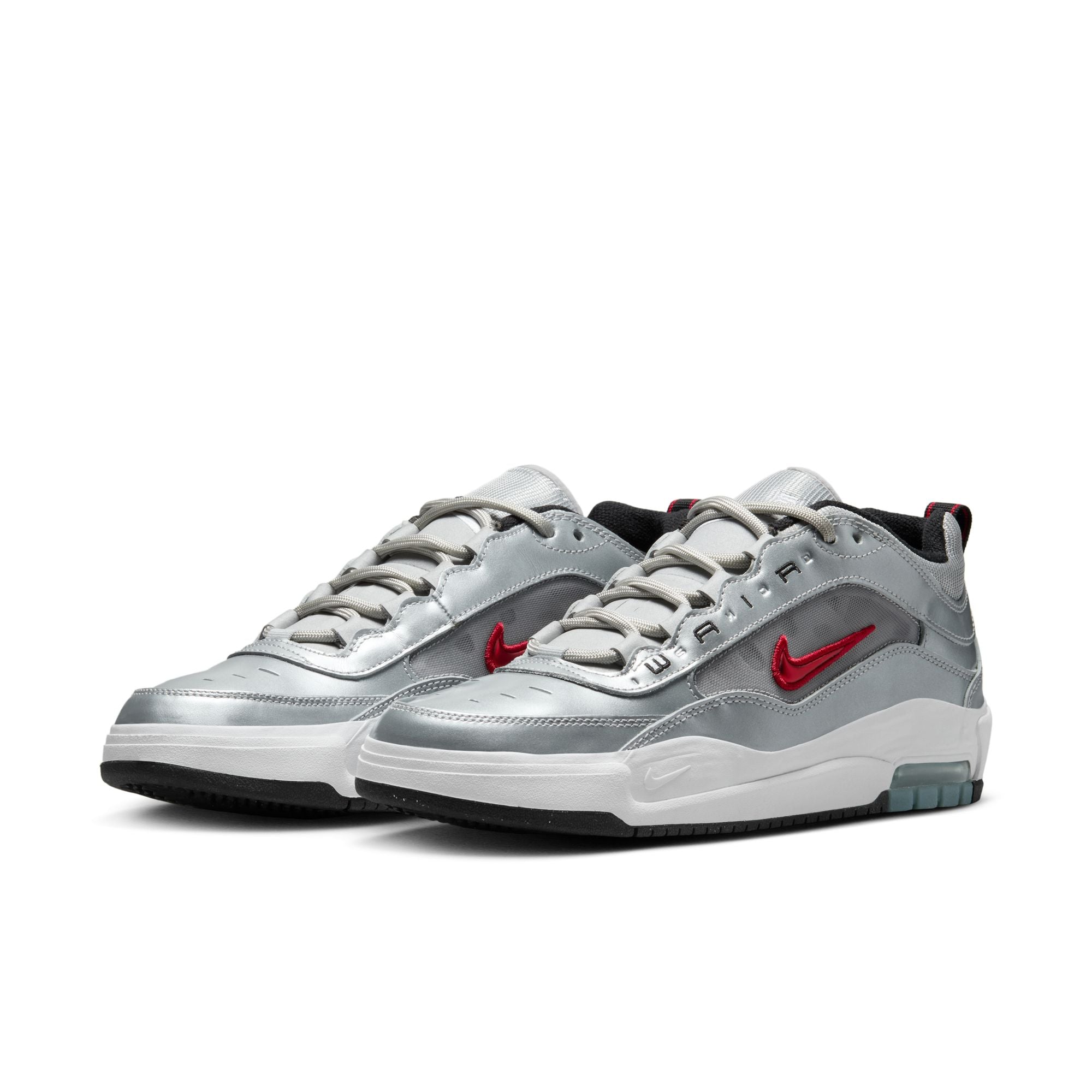 metallic silver nike sb ishod wair air max 2 skateboard shoe with red swoosh and white sole