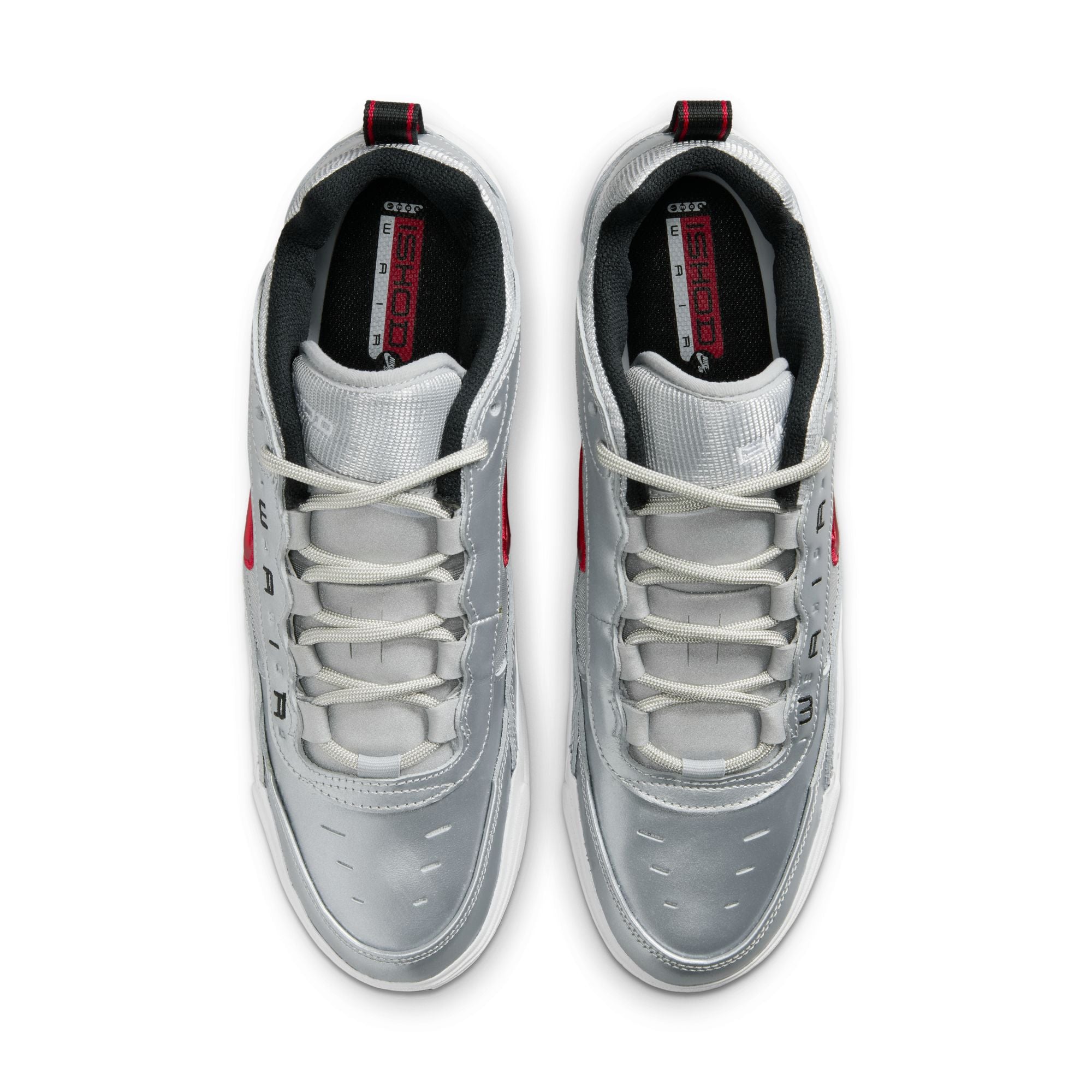 metallic silver nike sb ishod wair air max 2 skateboard shoe with red swoosh and white sole