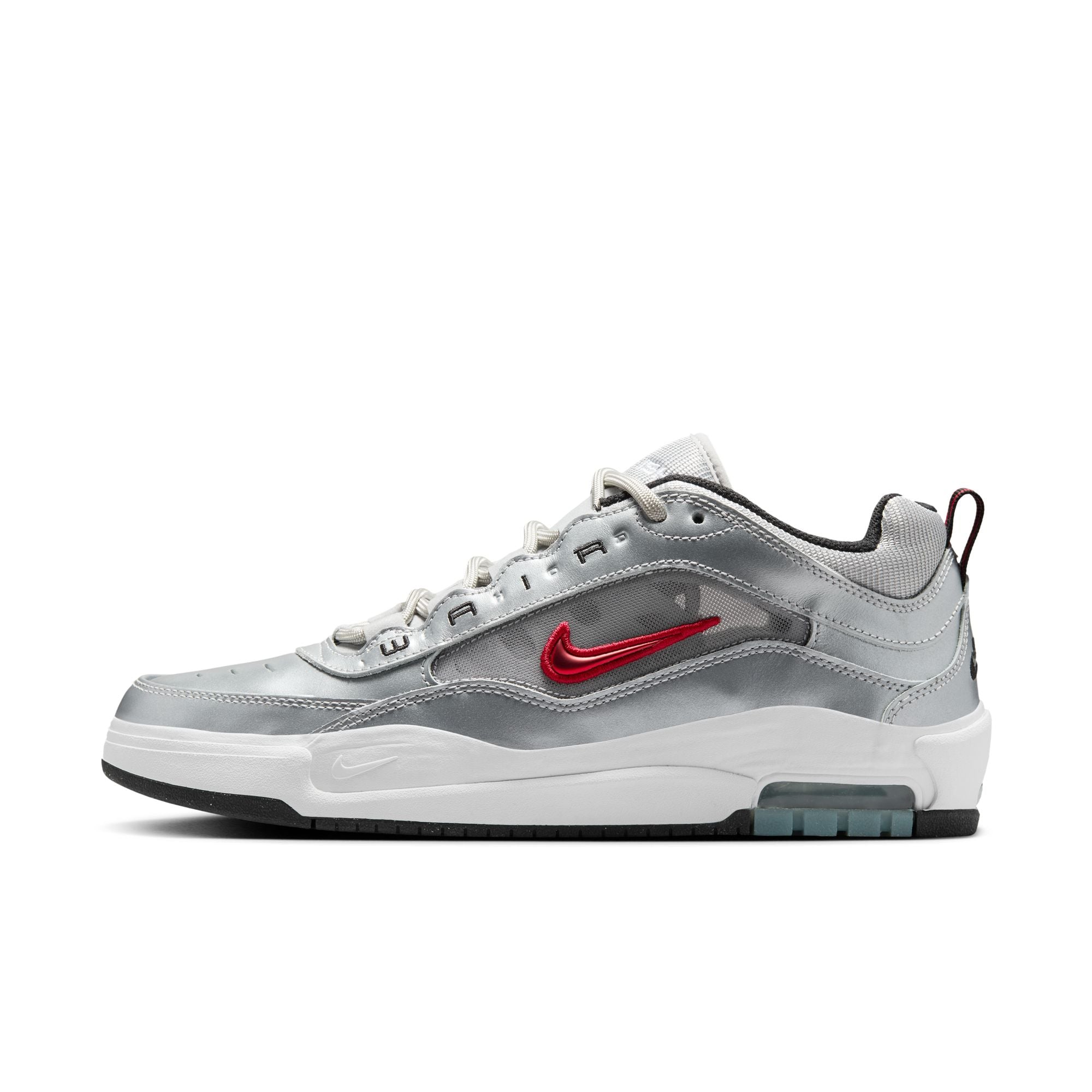 metallic silver nike sb ishod wair air max 2 skateboard shoe with red swoosh and white sole