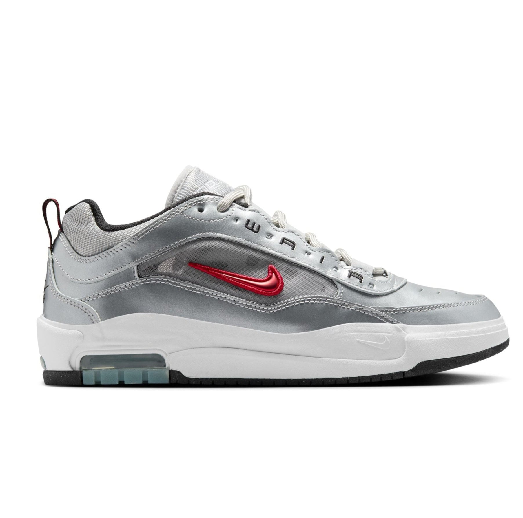 metallic silver nike sb ishod wair air max 2 skateboard shoe with red swoosh and white sole