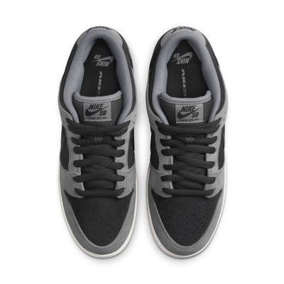 black and grey nike sb dunk low dark smoke with white and gum sole