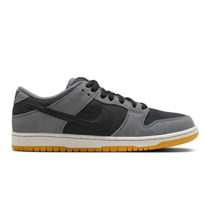 black and grey nike sb dunk low dark smoke with white and gum sole