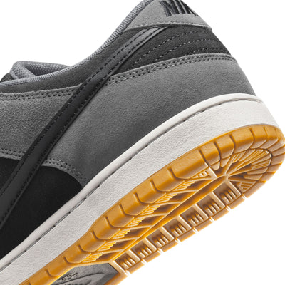 black and grey nike sb dunk low dark smoke with white and gum sole