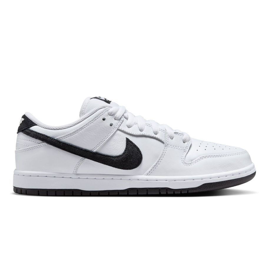 white nike sb dunk low with black swoosh and white and black sole