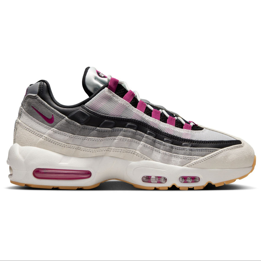 white, grey and black nike sb air max 95 with pink details and white sole