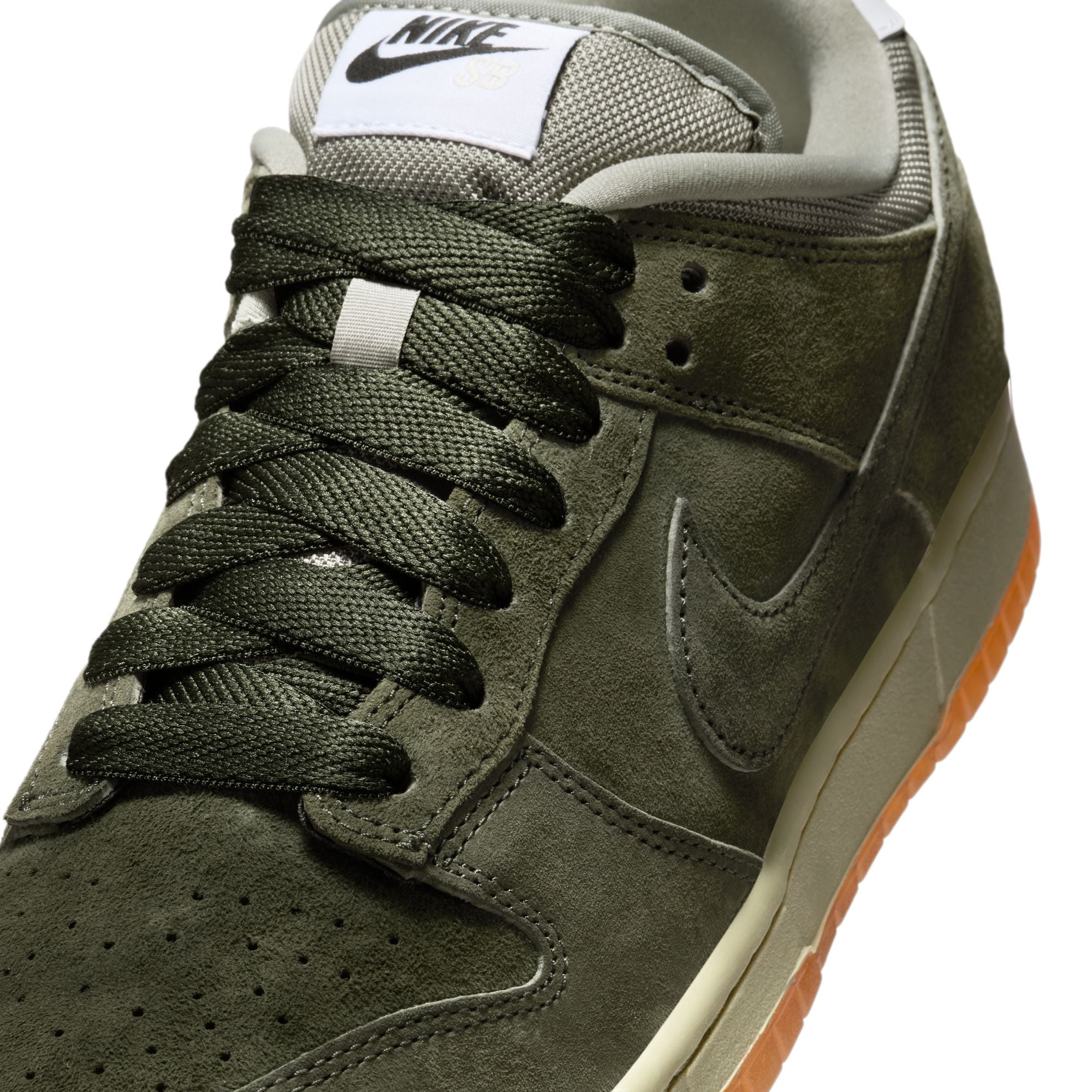 dark green nike sb dunk low pro b sequia skateboard shoe with grey and gum sole