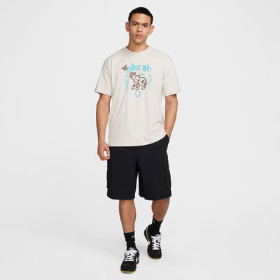 off white nike sb max90 skate tee shirt featuring an elephant and butterfly in brown with 2 tourches, a horseshoe and nike sb in light blue