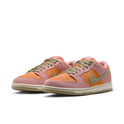 PINK AND ORANGE NIKE SB DUNK PRO LOW WITH OLIVE SWOOSH AND LACES AND OFF WHITE SOLE