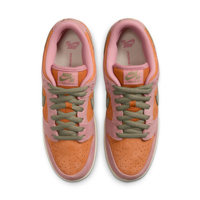 PINK AND ORANGE NIKE SB DUNK PRO LOW WITH OLIVE SWOOSH AND LACES AND OFF WHITE SOLE