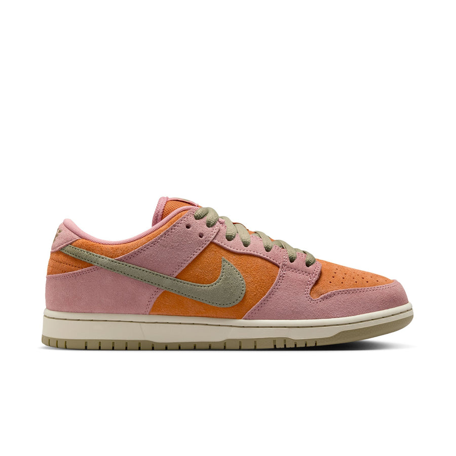 PINK AND ORANGE NIKE SB DUNK PRO LOW WITH OLIVE SWOOSH AND LACES AND OFF WHITE SOLE