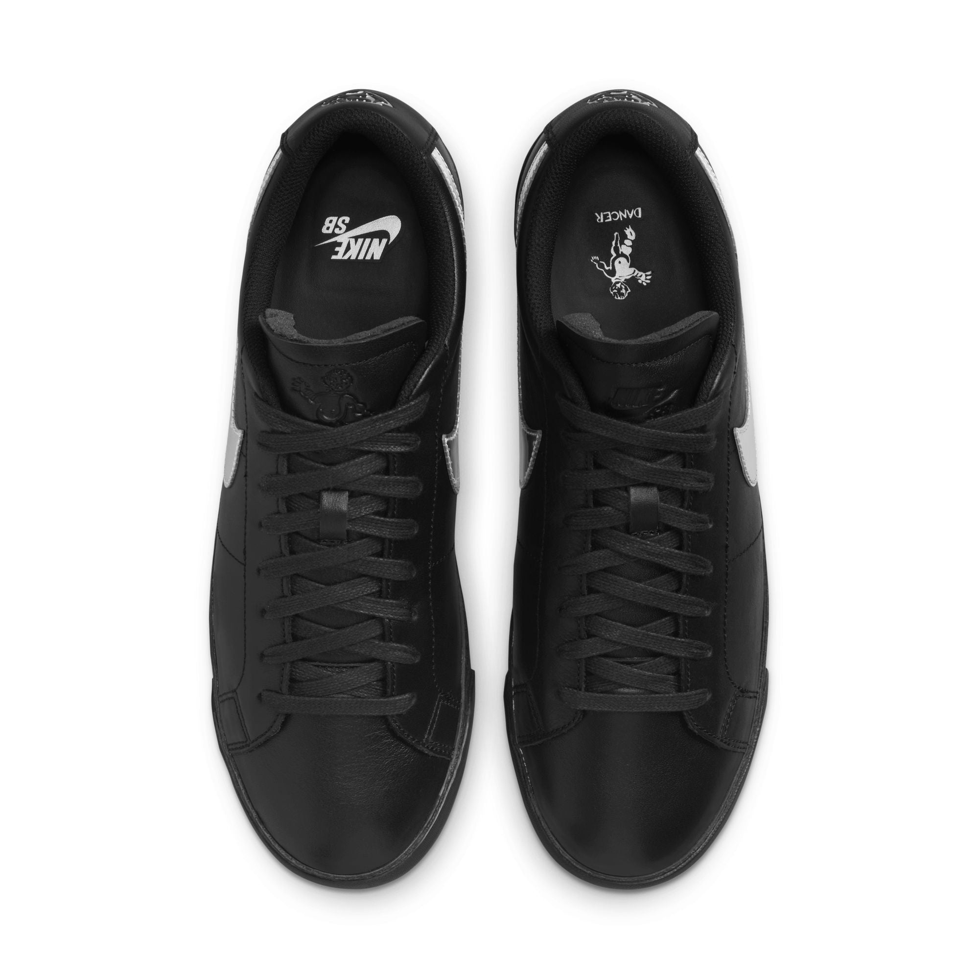 Black leather nike sb x dancer skateboards black low with metallic swoosh and black sole