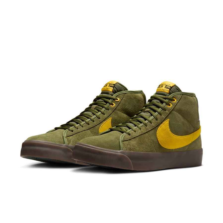 green suede nike sb x antihero blazer mid with yellow nike swoosh and gum sole