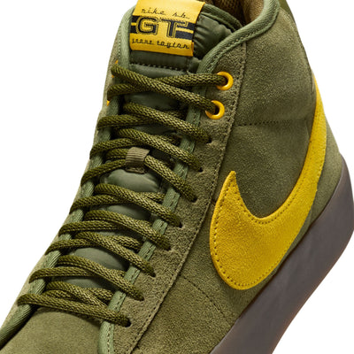 green suede nike sb x antihero blazer mid with yellow nike swoosh and gum sole