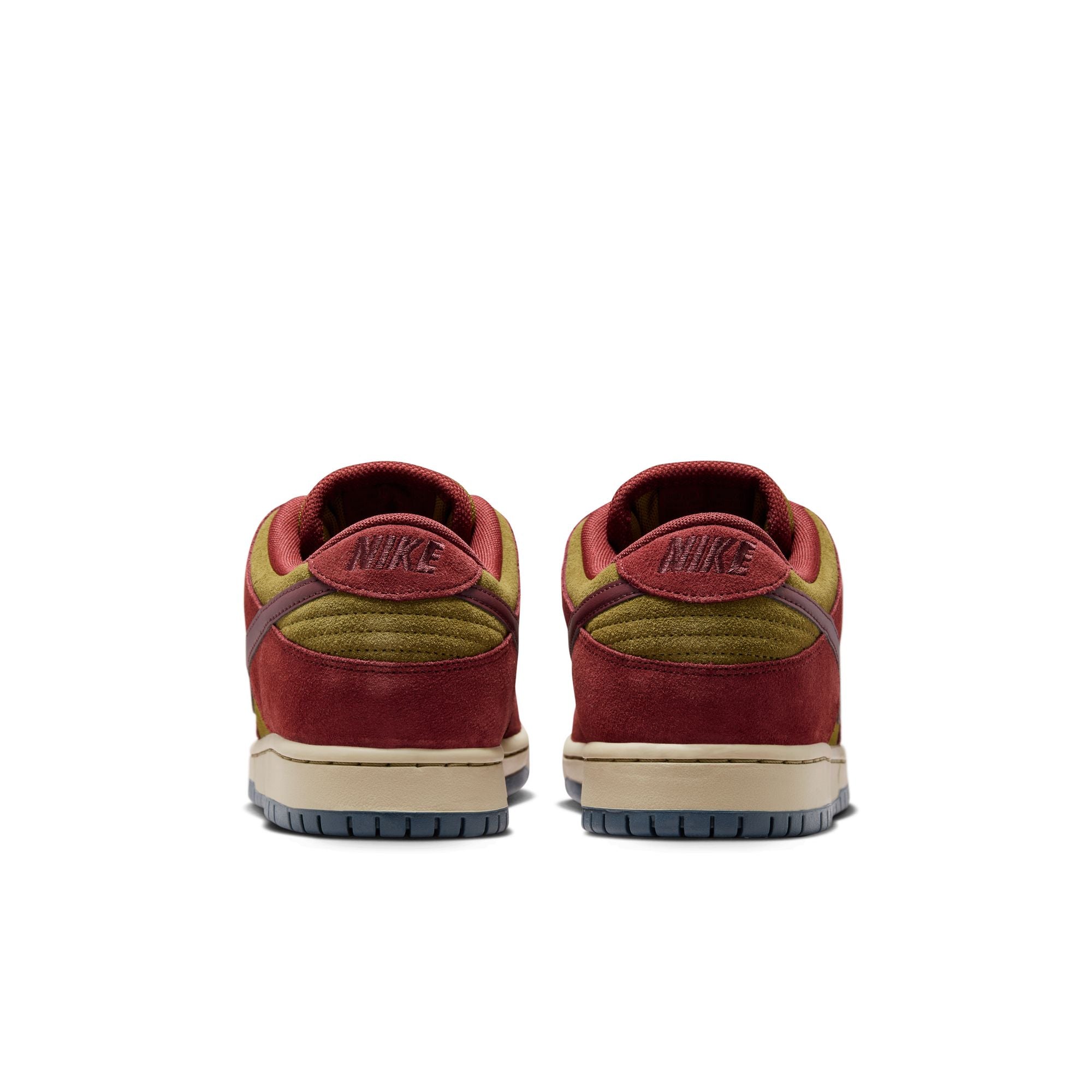 dark team red and olive flak suede nike sb dunk low pro skateboard shoe with off white sole and navy bottom