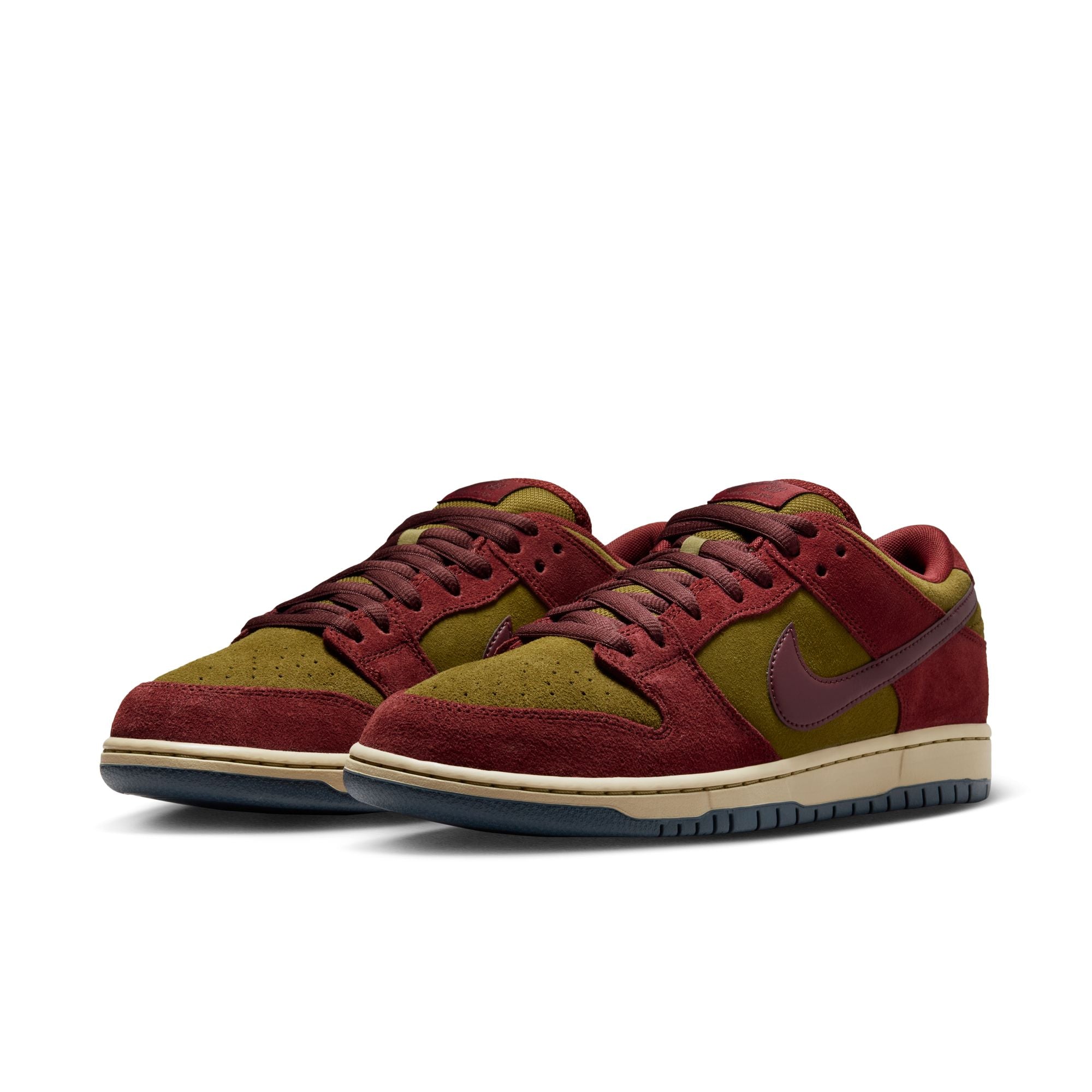 dark team red and olive flak suede nike sb dunk low pro skateboard shoe with off white sole and navy bottom
