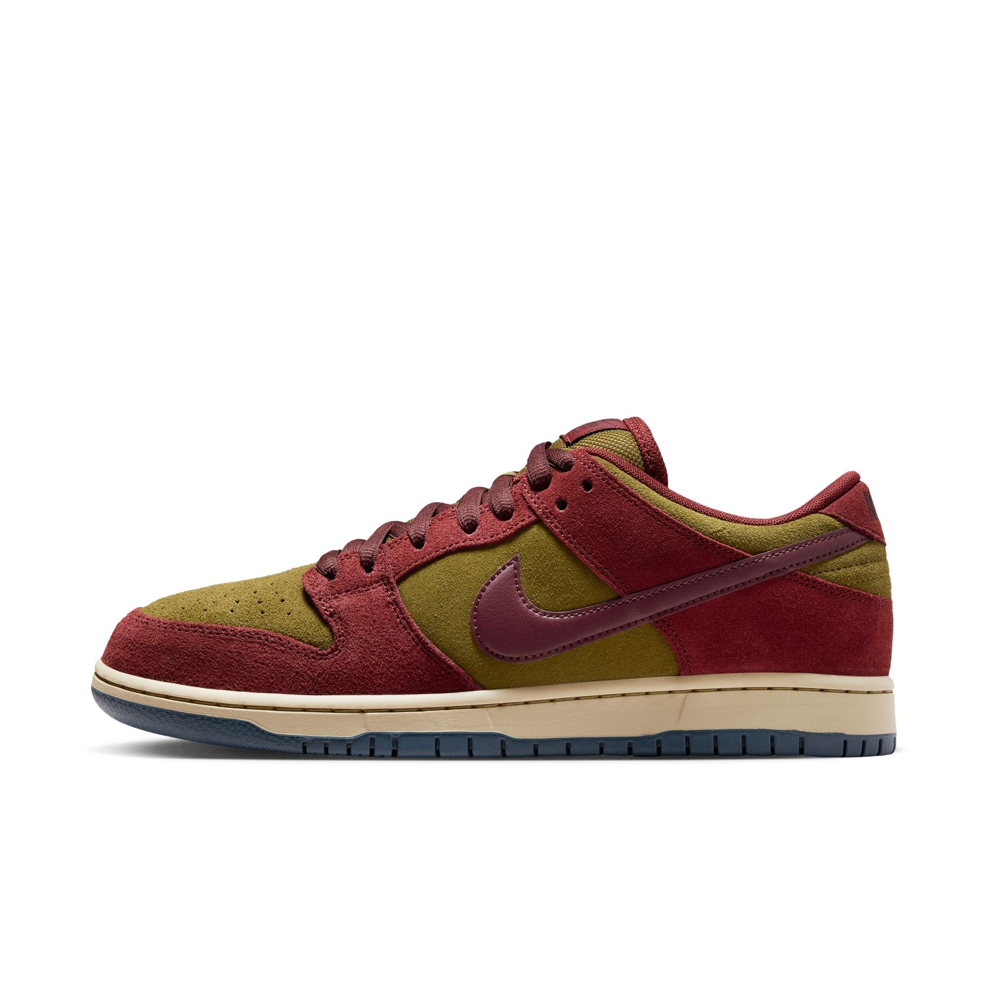 dark team red and olive flak suede nike sb dunk low pro skateboard shoe with off white sole and navy bottom