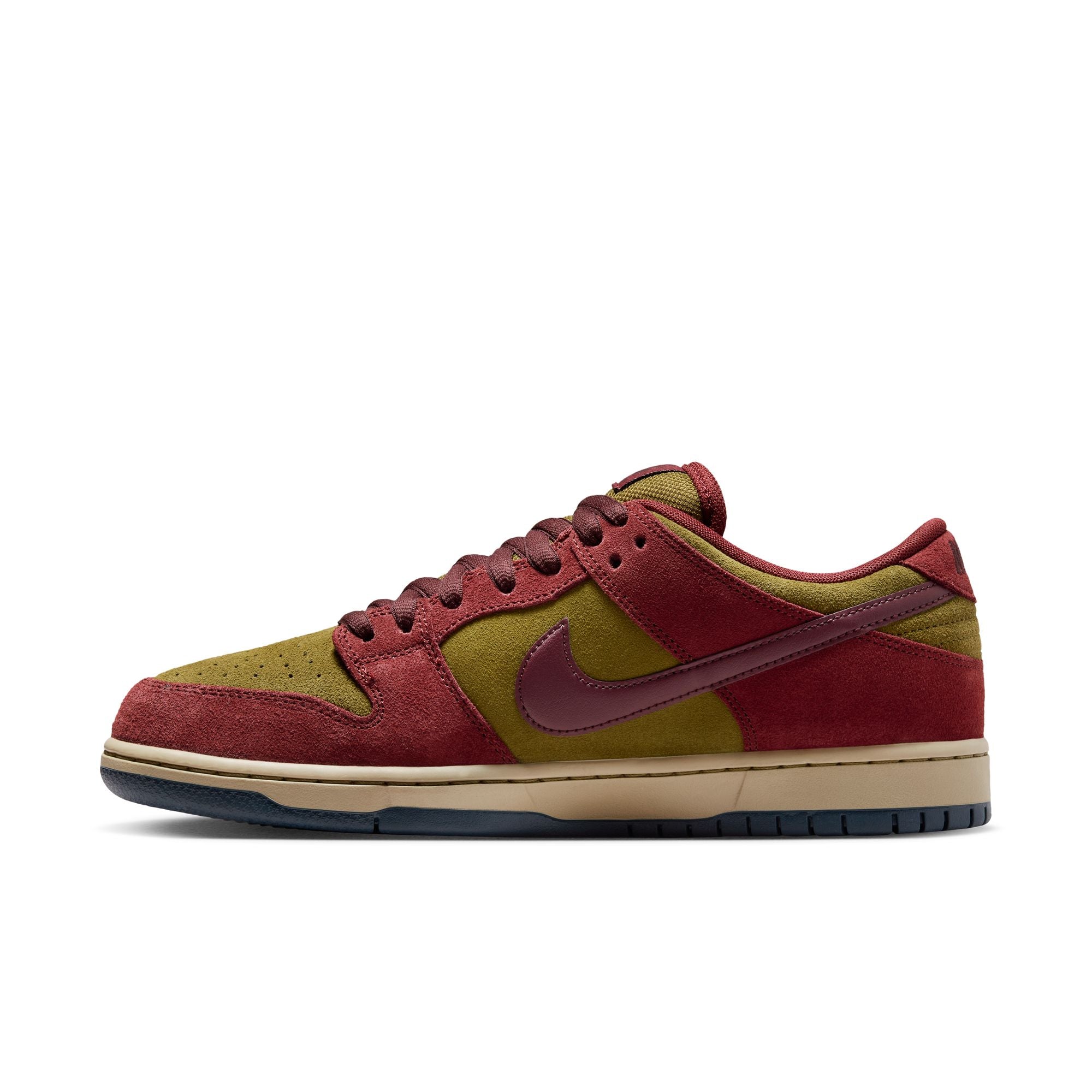 dark team red and olive flak suede nike sb dunk low pro skateboard shoe with off white sole and navy bottom