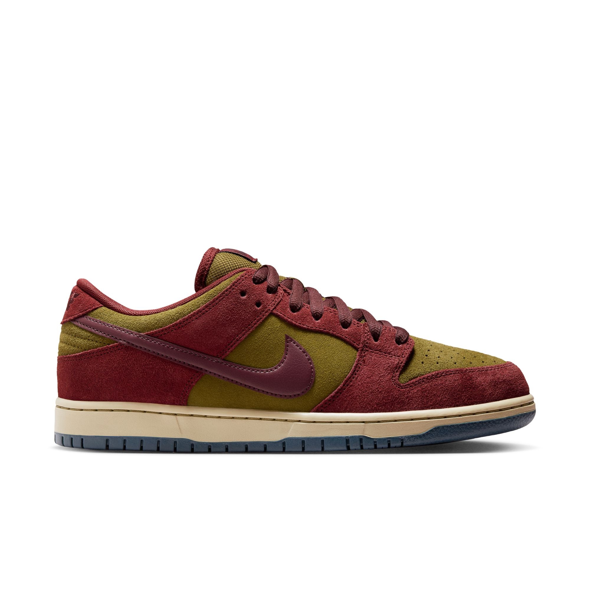 dark team red and olive flak suede nike sb dunk low pro skateboard shoe with off white sole and navy bottom