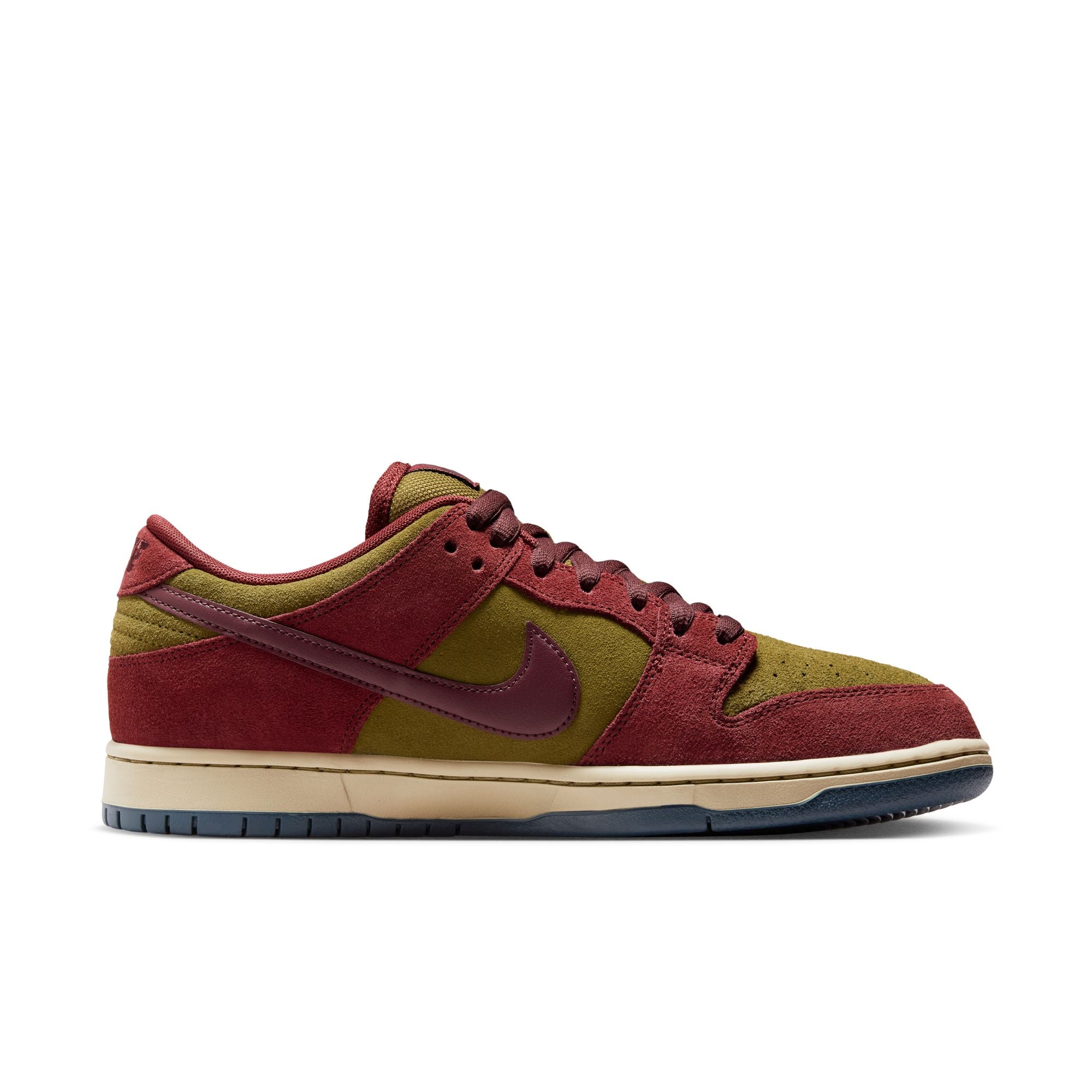 dark team red and olive flak suede nike sb dunk low pro skateboard shoe with off white sole and navy bottom