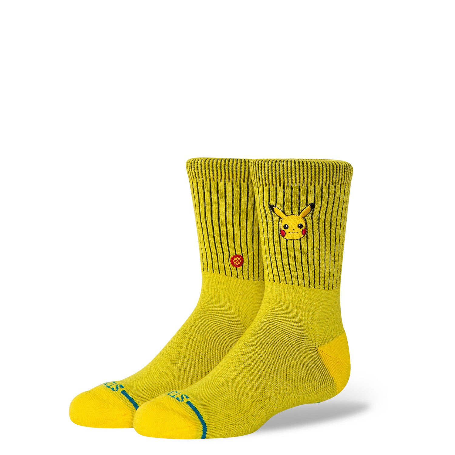 Yellow stance kids crew socks socks with a pokemon's pikachu on a white background