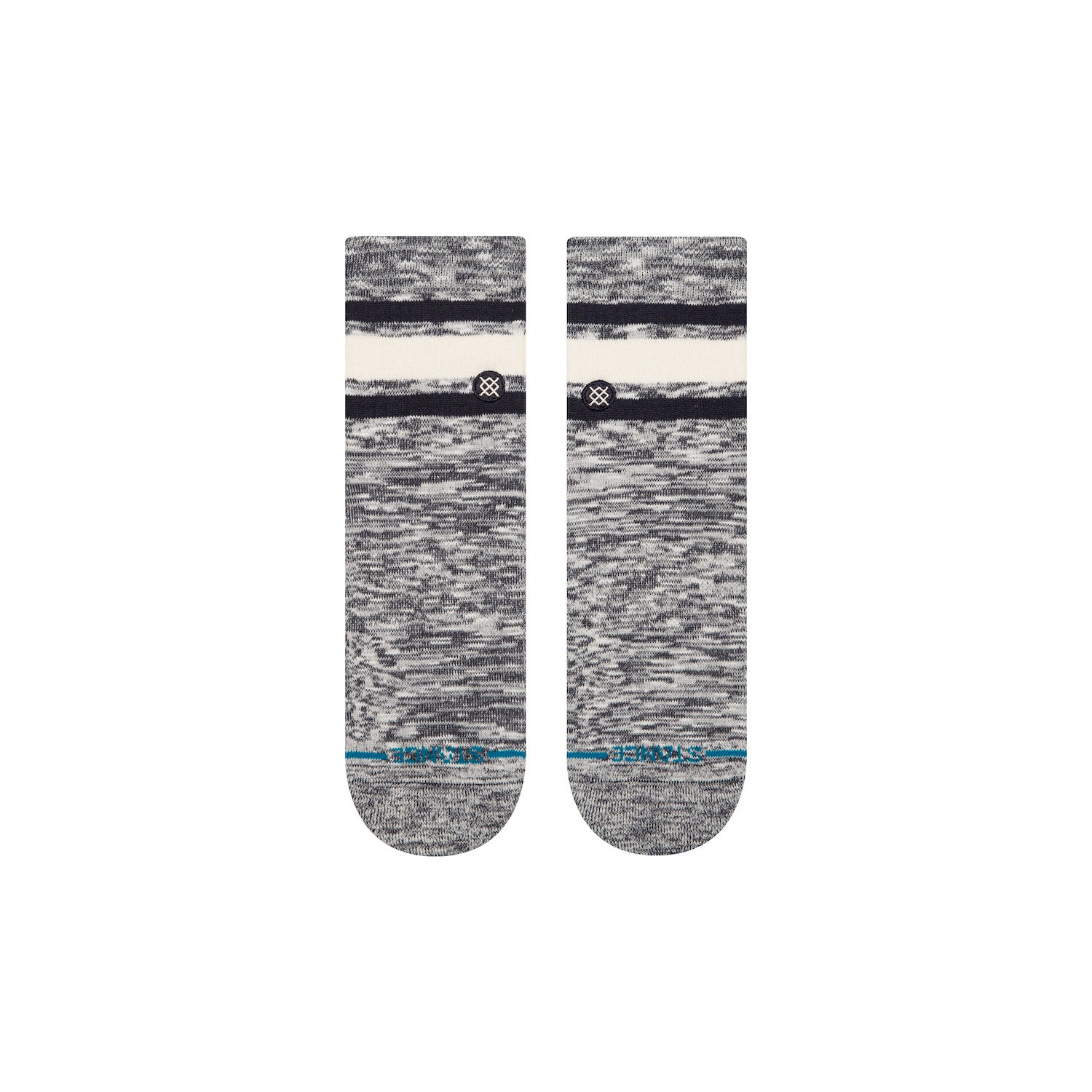Pair of gray stance socks with white and blue accents on a white background