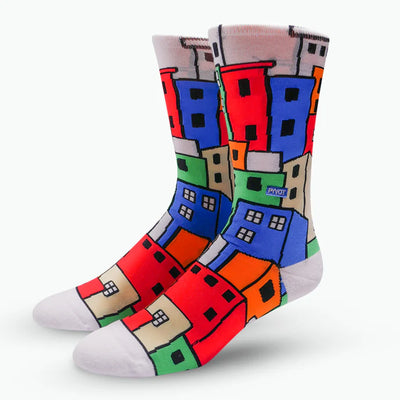 mutli-colored pyvot men's sock featuring houses against a white background