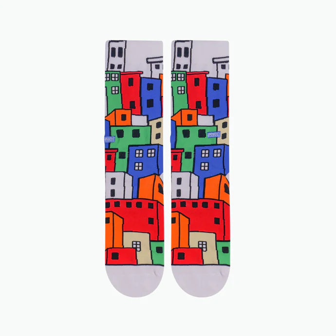 mutli-colored pyvot men's sock featuring houses against a white background