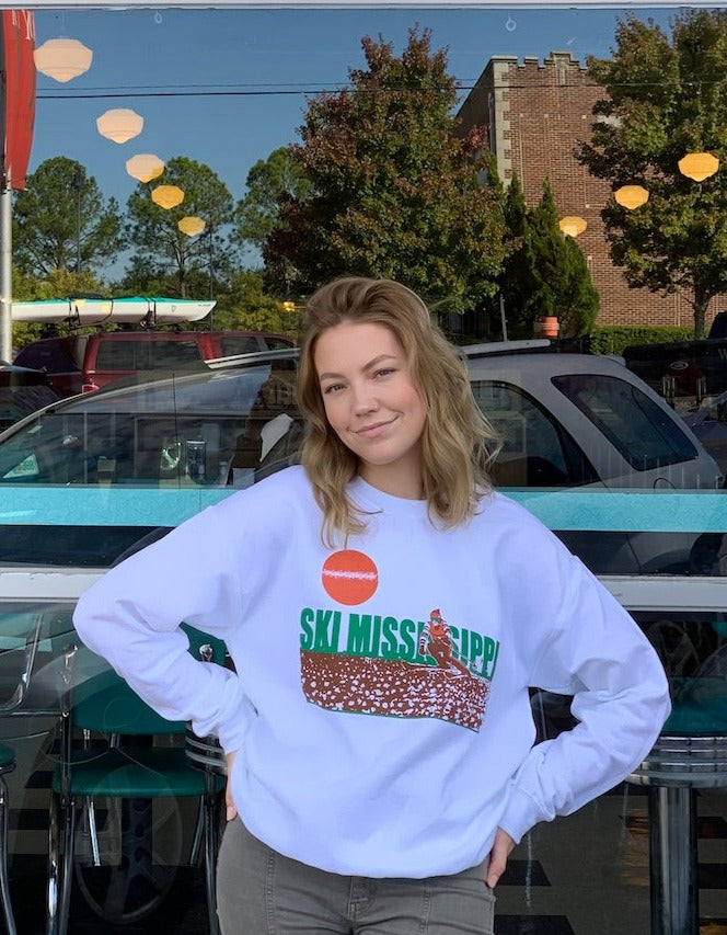 crew neck sweatshirt featuring the ski mississippi logo in green brown and orange