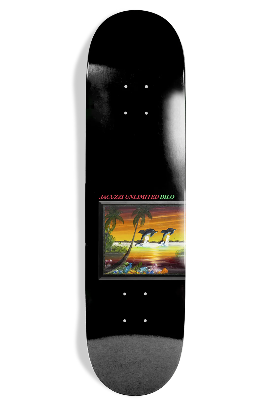 jacuzzi unlimited skateboard deck size 8.25 with 2 dolphins jumping out of the water against a black background