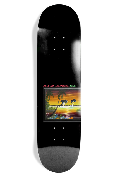 jacuzzi unlimited skateboard deck size 8.25 with 2 dolphins jumping out of the water against a black background