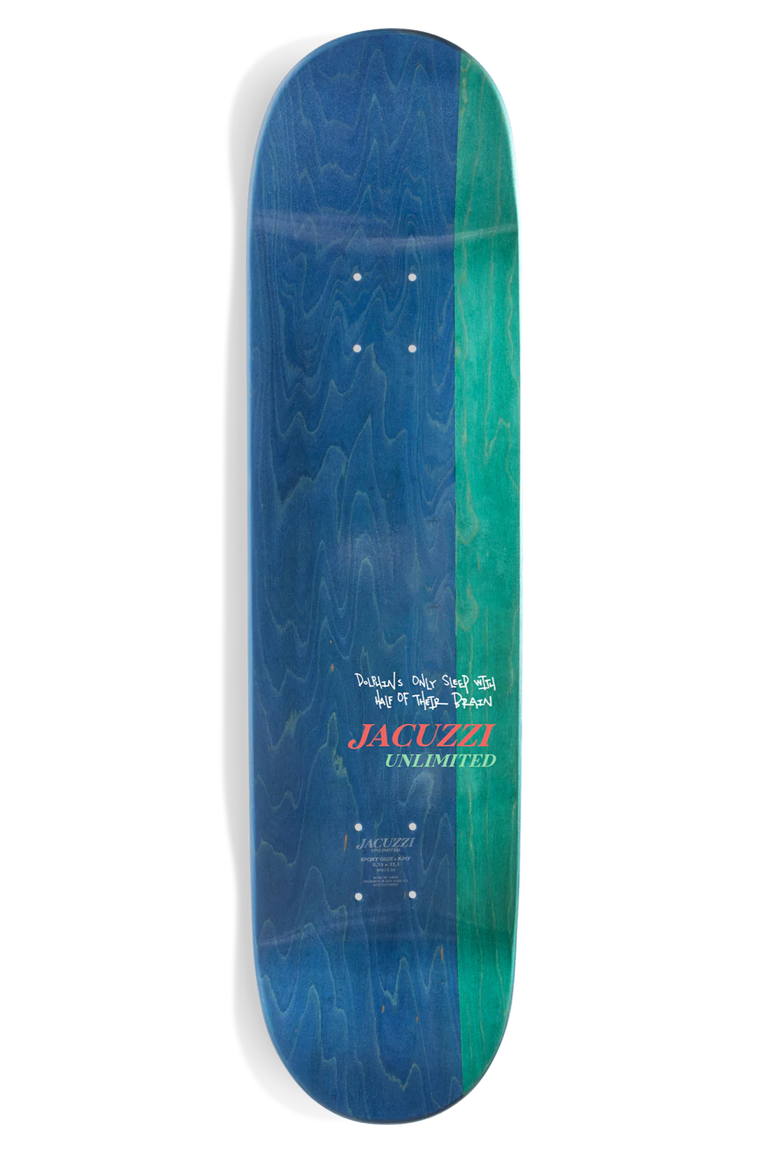jacuzzi unlimited skateboard deck size 8.25 with 2 dolphins jumping out of the water against a black background