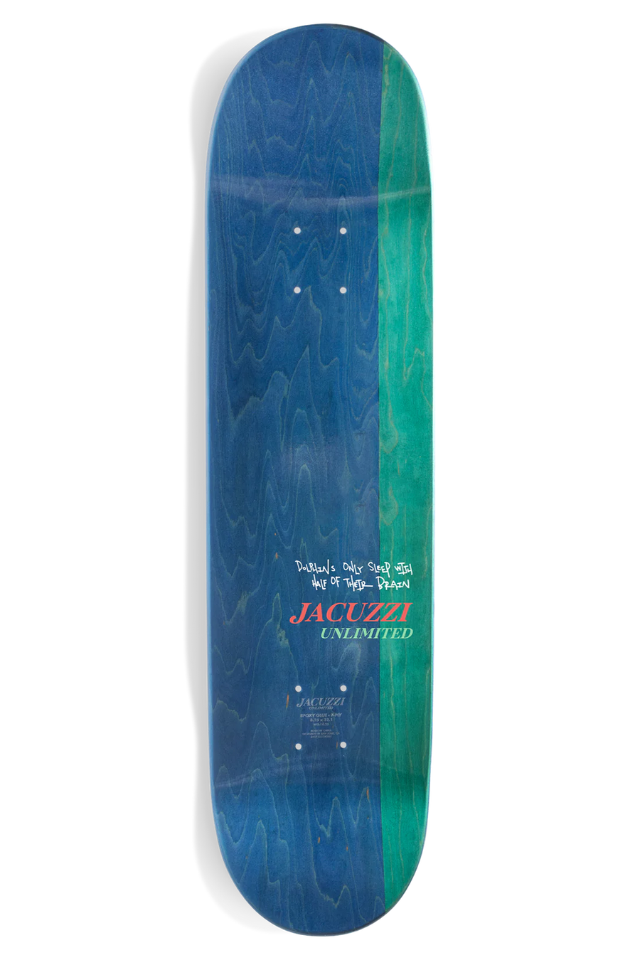 jacuzzi unlimited skateboard deck size 8.25 with 2 dolphins jumping out of the water against a black background