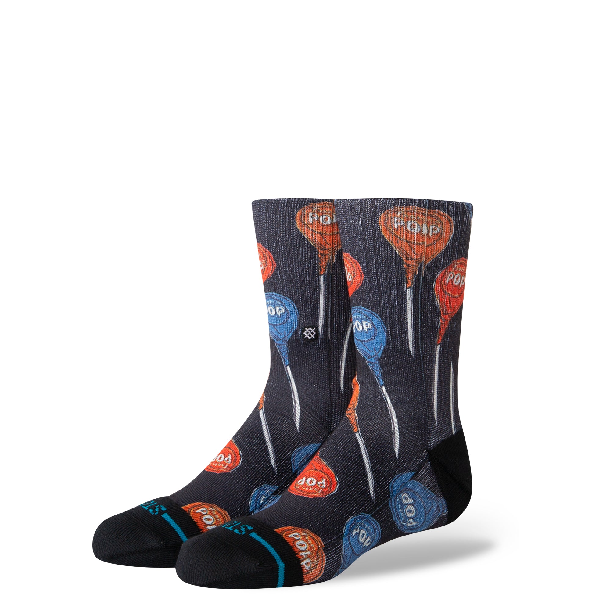 black stance x tootsie pop kids crew socks with red and blue tootsie pops on them