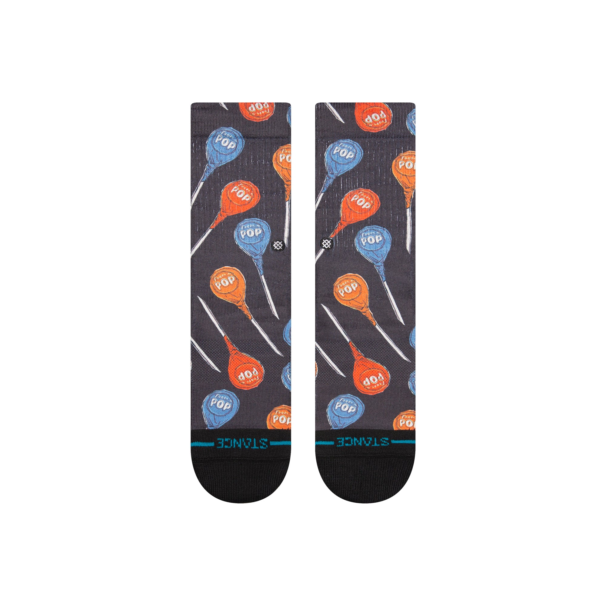 Front view of black stance x tootsie pop kids crew socks with red and blue tootsie pops on them.