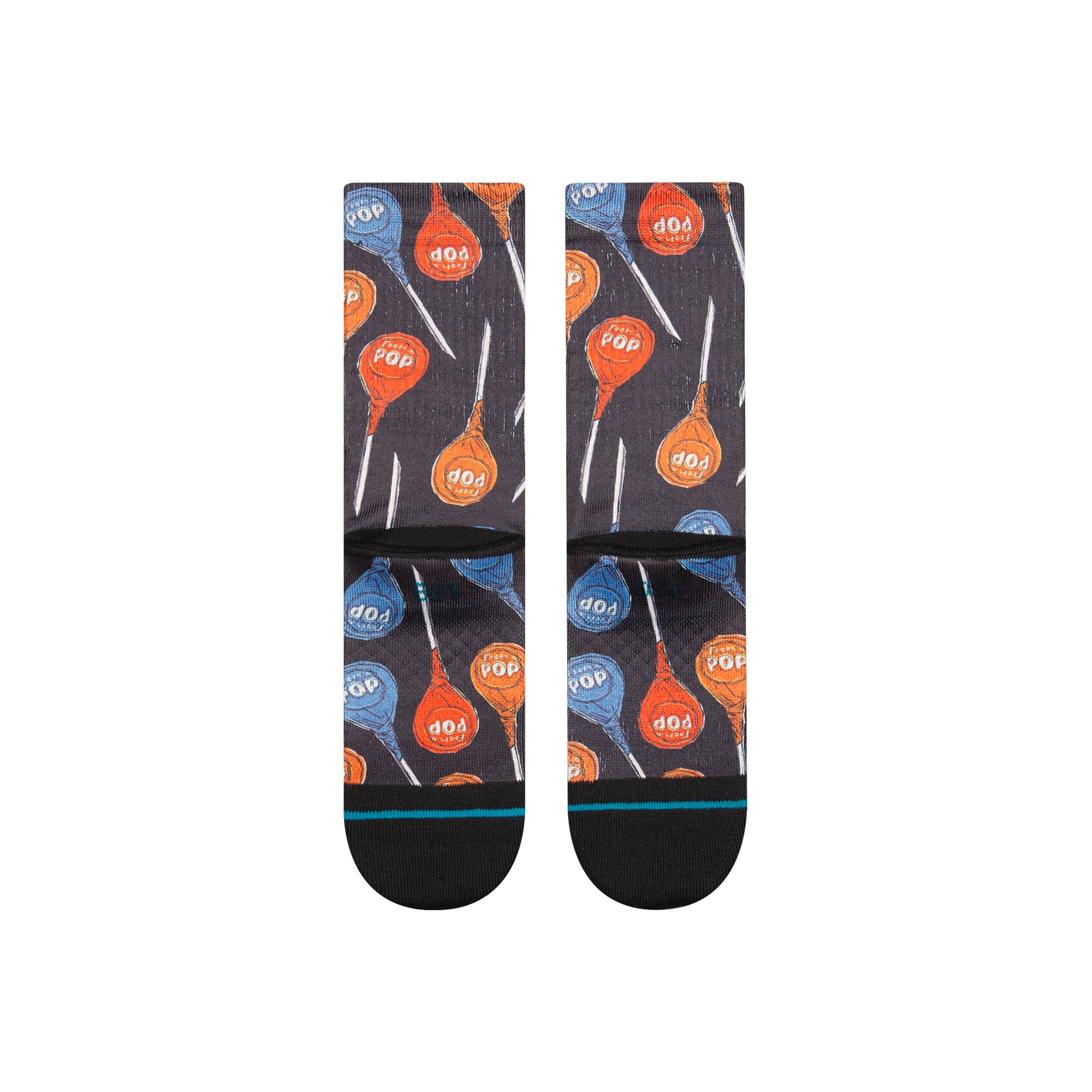 Back view of black stance x tootsie pop kids crew socks with red and blue tootsie pops on them.