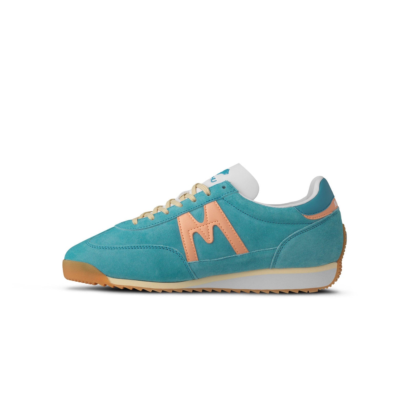 blue karhu mestari women's shoe with peach orange M logo and yellow and white sole