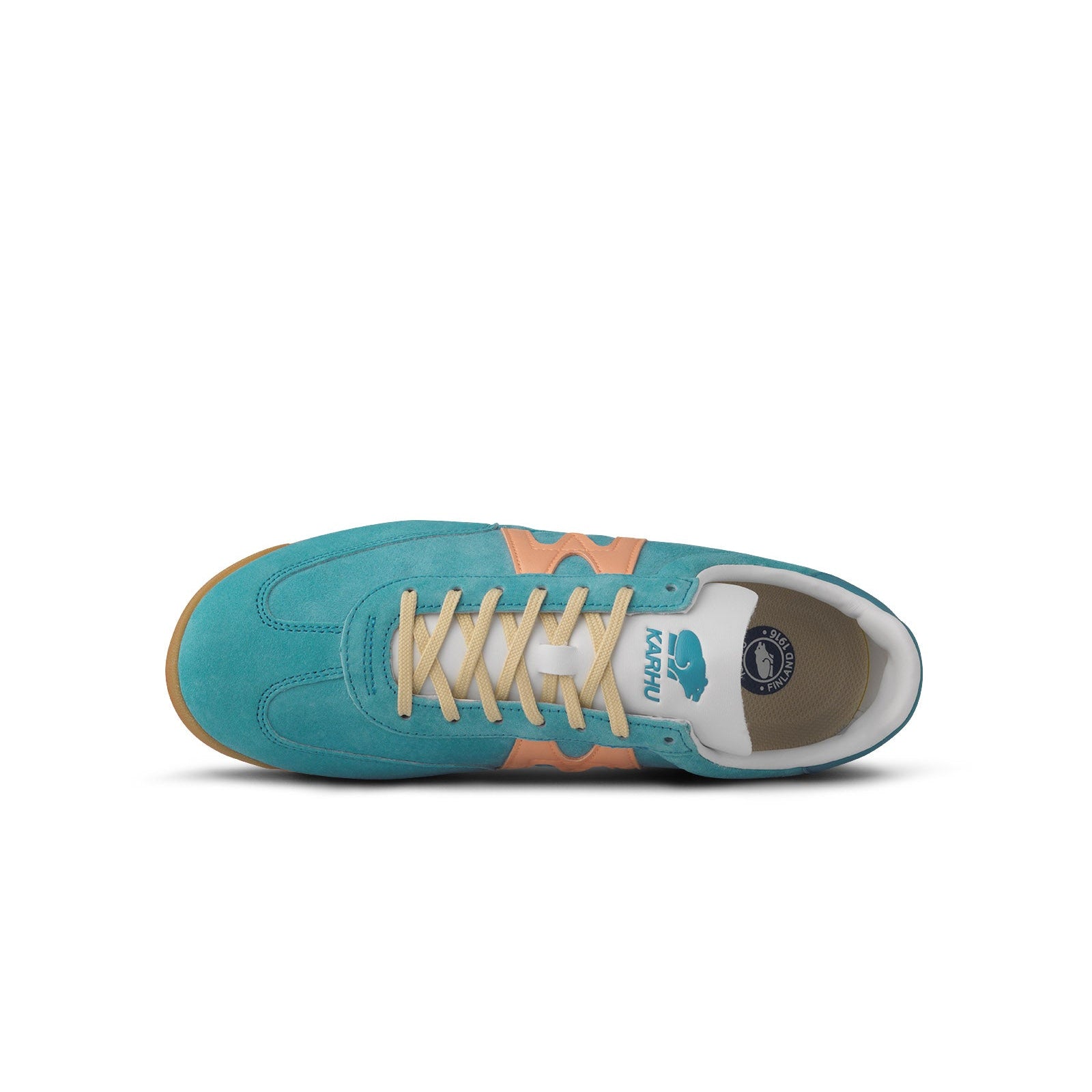 blue karhu mestari women's shoe with peach orange M logo and yellow and white sole