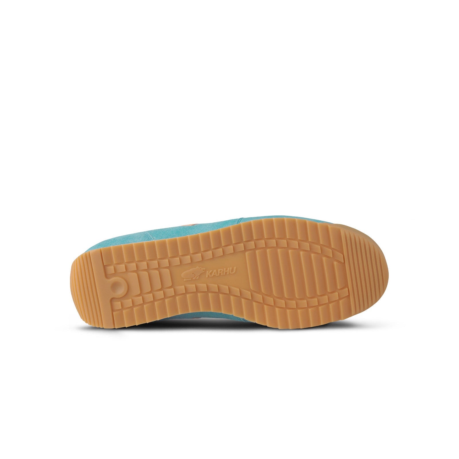 blue karhu mestari women's shoe with peach orange M logo and yellow and white sole